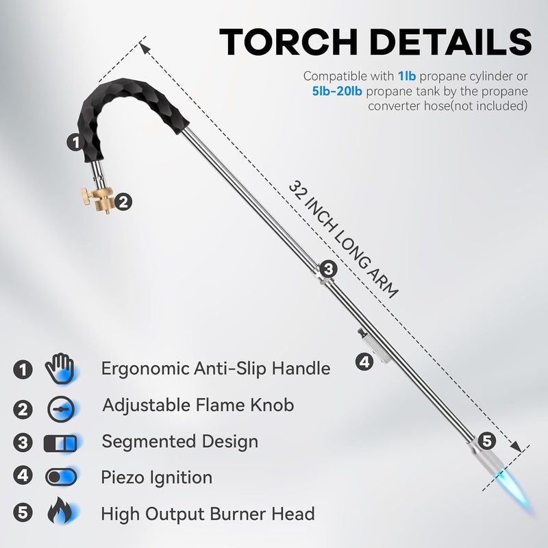 Yardwizard Weed Torch, Propane Burner, 24,000 BTU Weed Burner Torch for Propane Tank with Igniter, 32" Long Arm Blow Torch for Weeds, Portable Flame Thrower for Weeds, Fire Starter, Ice Melt - Image 2
